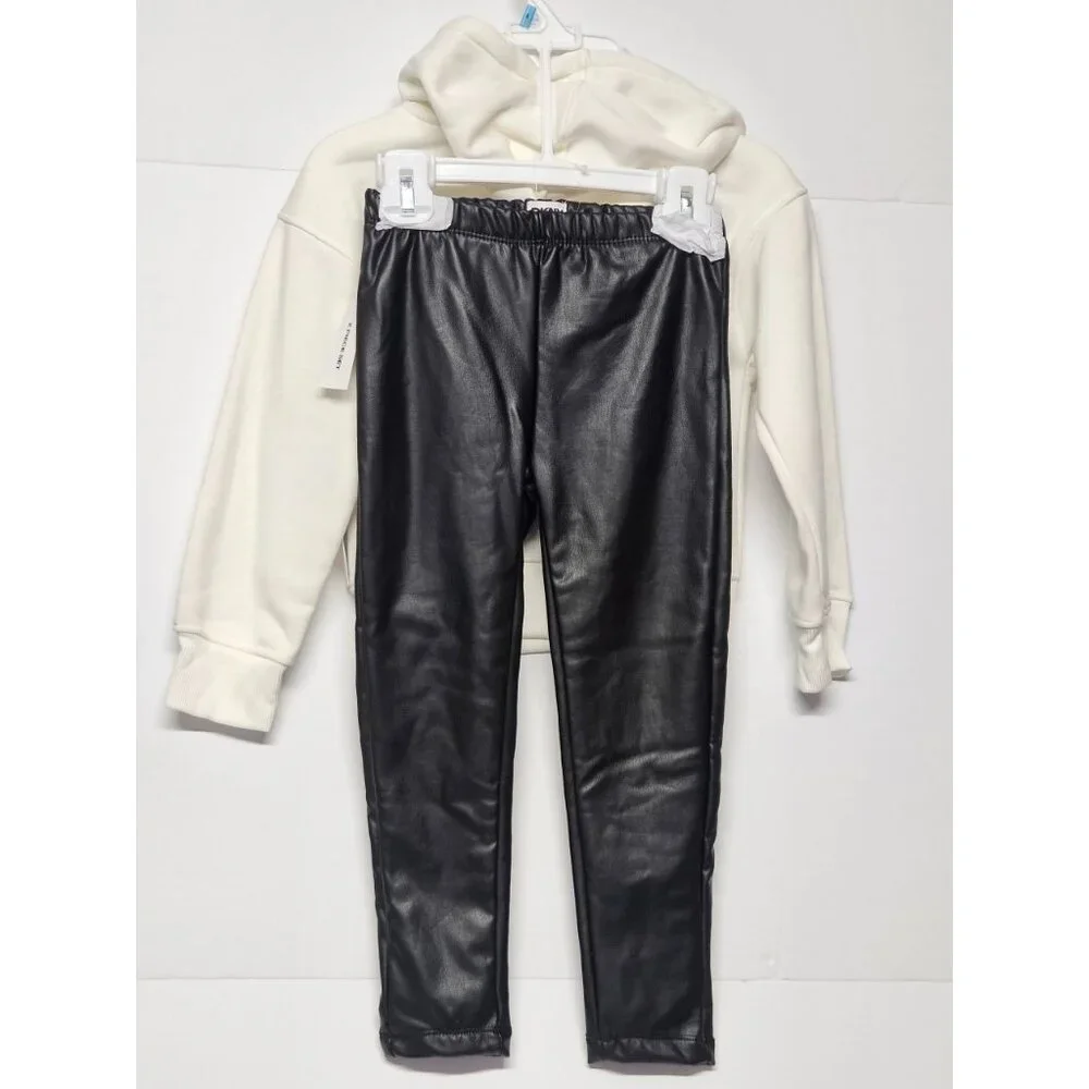 DKNY Girls Size 5 2 Pc Outfit, Sparkling Stone Like Hoodie,‎ Leather Like Pants